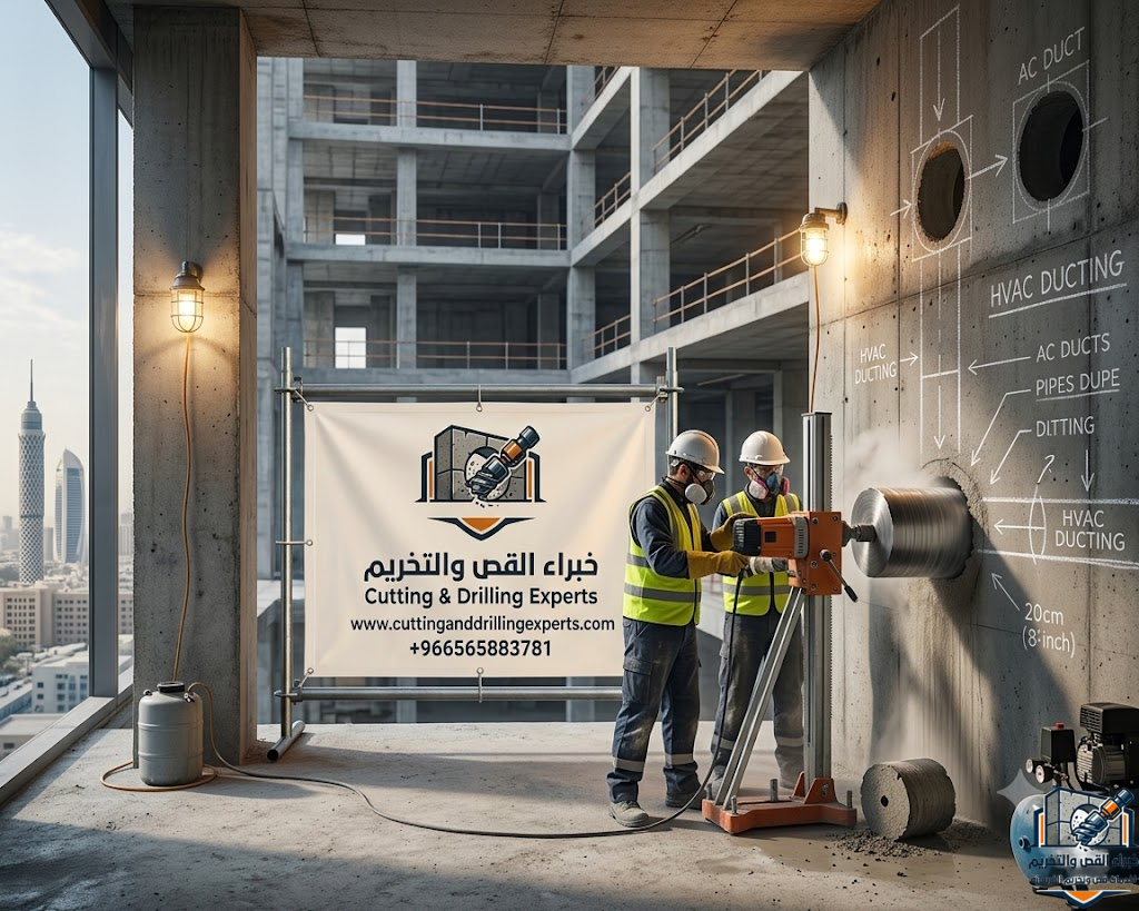 فتح كور خرسانة بالرياض للمصاعد والمكيفات باستخدام الكور الماسي لعمل فتحات دقيقة في الخرسانة المسلحة بدون تكسير